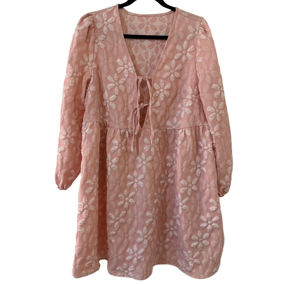 SHEIN Dresses & Skirts - SHEIN Curve‎ Pink Floral Tie Front Babydoll Mini Dress 0XL Plus Size Feminine